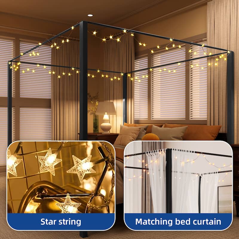 Moasis Black Canopy Bed Frame King, Four Poster Bed with Charge Station & Star-Shaped LED Light, 14 Inch Platform