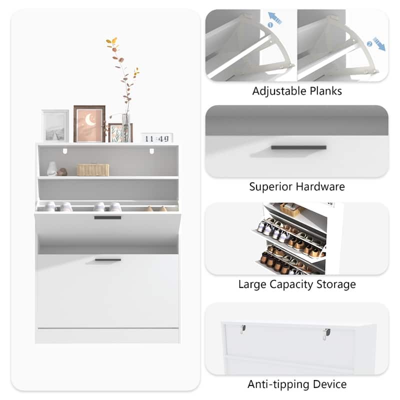 Freestanding Shoe Storage Cabinet, 2 Flip Drawers, Hidden Shoe Storage
