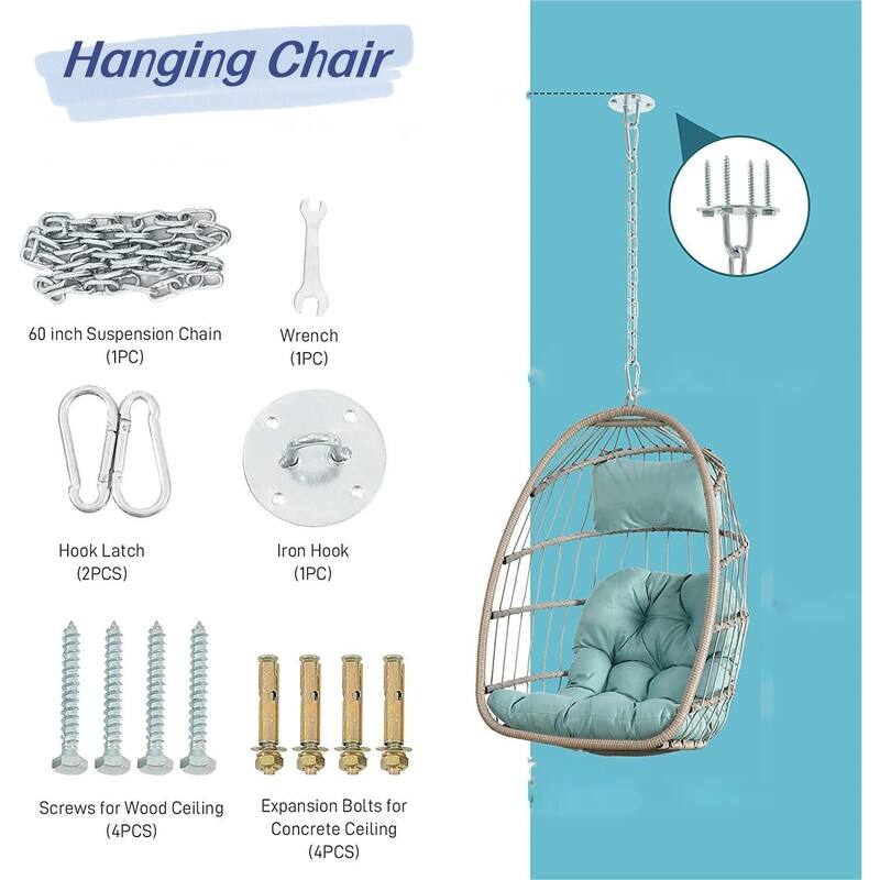 Handwoven Rattan Swing Chair Basket Chair Hammock Chair, Outdoor Hanging Egg Chair with Waterproof Cushion