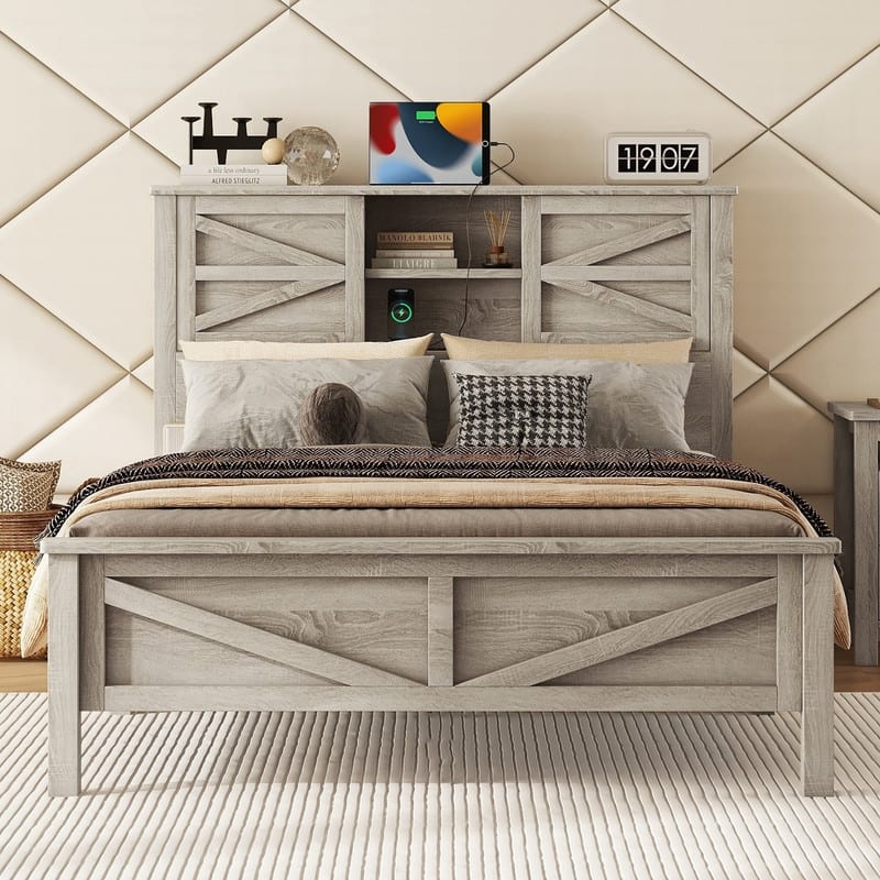 Farmhouse Style Platform Bed with Sliding Barn Doors Storage Headboard, Full/Queen Size Wood Bed Frame with Charging Station