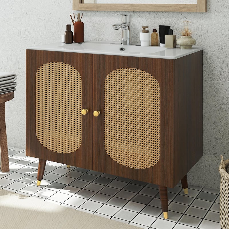 36" Rattan Boho Bathroom Vanity with Sink - Walnut