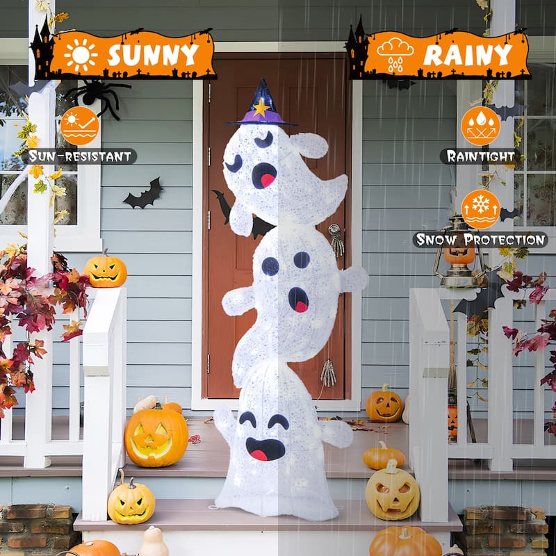 Gymax 4 Ft Halloween Decorations Outdoor Stacked Ghosts w/ Built-in