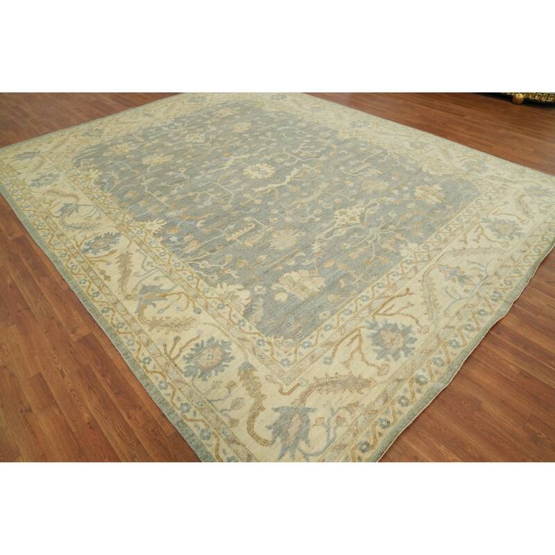 Handmade Floral Oushak Vegetable Dye Area Rug, Floral Geometric Carpet - 11' 11'' X 9' 3''