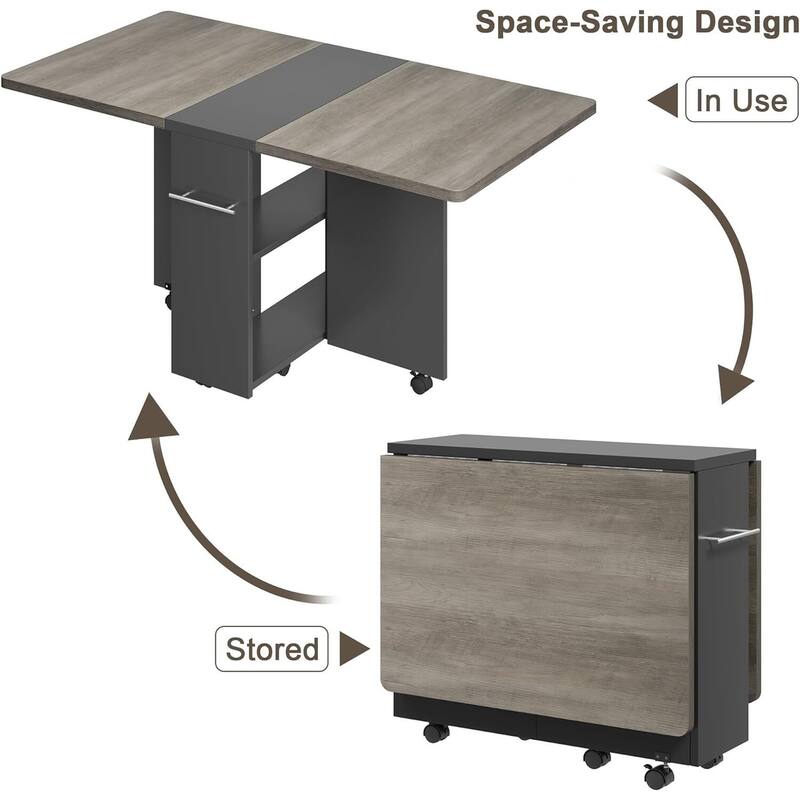 Folding Dining Table, Space Saving Farmhouse Dining Table for 4 Storage Shelf, 6 Wheels Multipose Expandable Kitchen