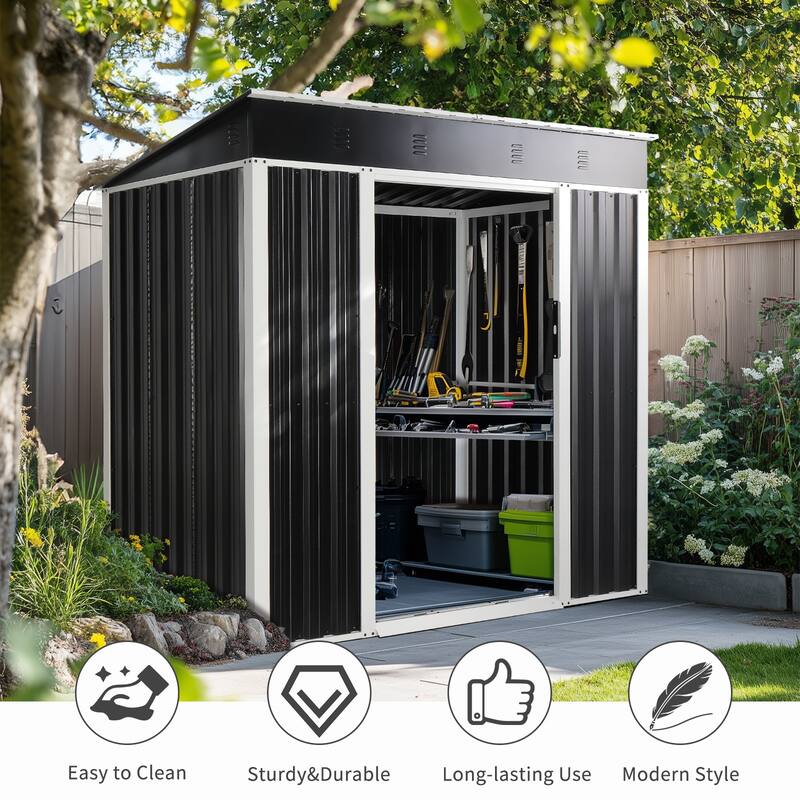 6 x 4 Ft Outdoor Storage Shed Black Galvanized Iron Garden Tool Organizer with Locking Sliding Doors - 75.6" x 49" x 73.2"