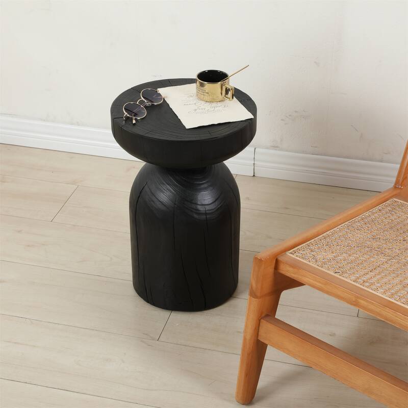 Solid Mango Wood Side End Table in Black, 17.7 inch Round Contemporary Wooden Accent Table, Small Round Plant Stand