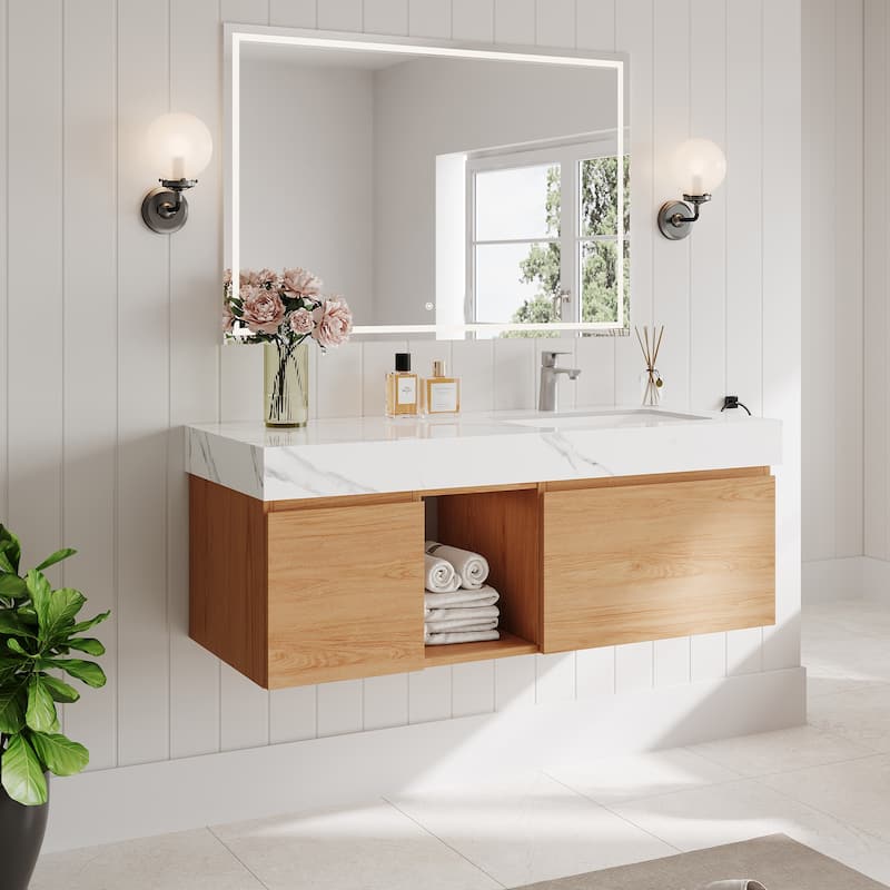 48" Mid Century Single Bathroom faux marble Vanity with Top, Solid Wood, Floating Vanities for Bathroom - 47.6" x 19.6" - Light Wood