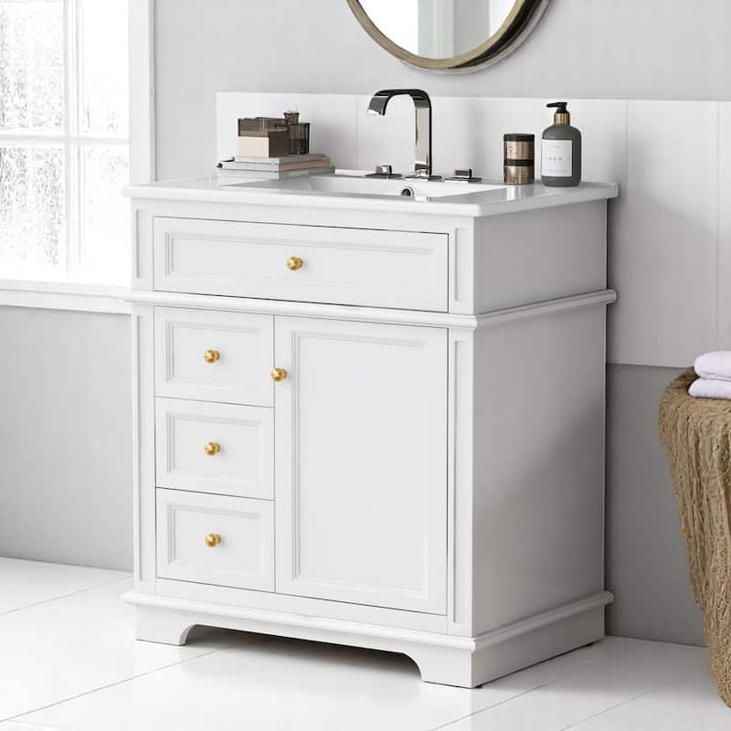30 Inch Freestanding Vanity with Ceramic Sink, 1 Door, 4 Drawers, Door Shelf, Painted Wood Cabinet - White