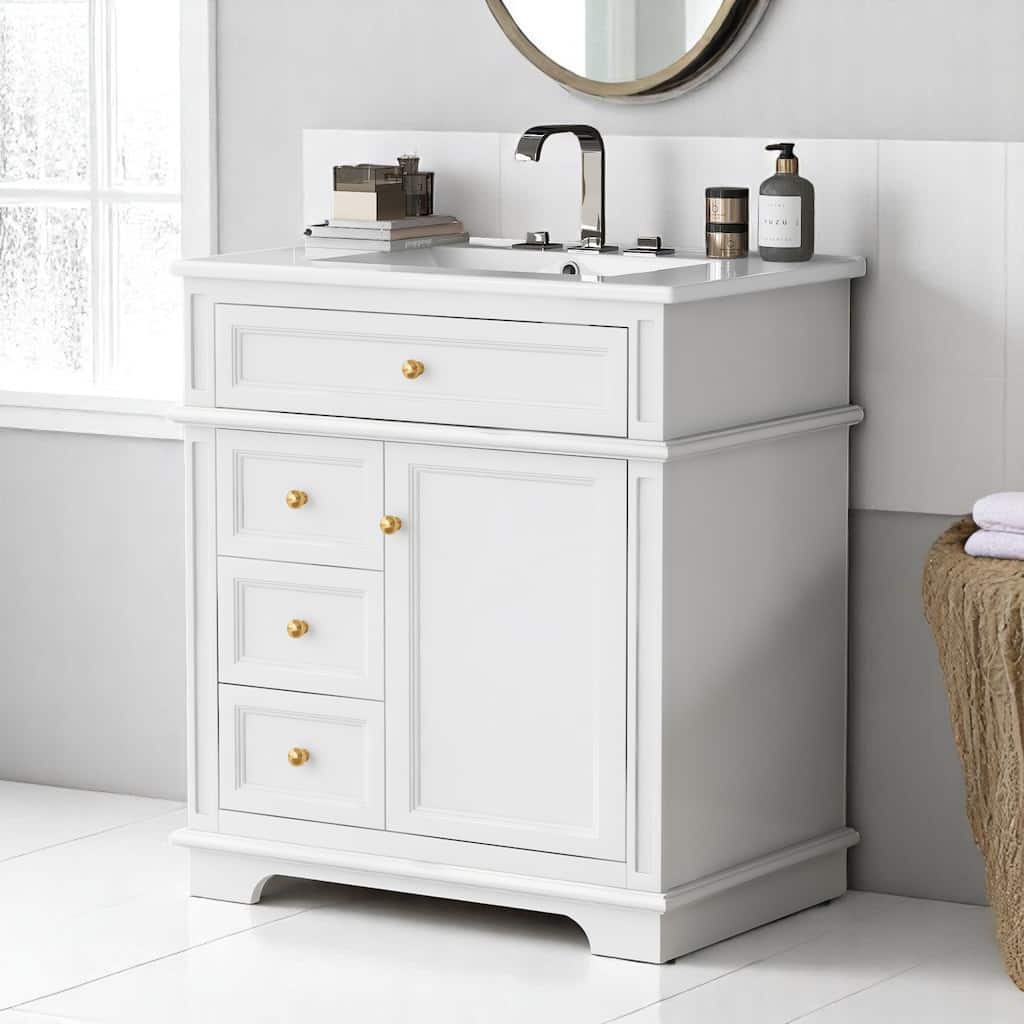 30 Inch Freestanding Vanity with Ceramic Sink, 1 Door, 4 Drawers, Door Shelf, Painted Wood Cabinet
