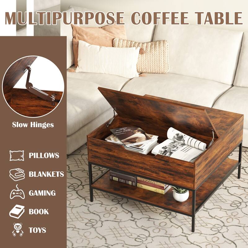 Flip-Top Coffee Table with Hidden Storage, Accent Table with Metal Leg, Center Table with Shelves
