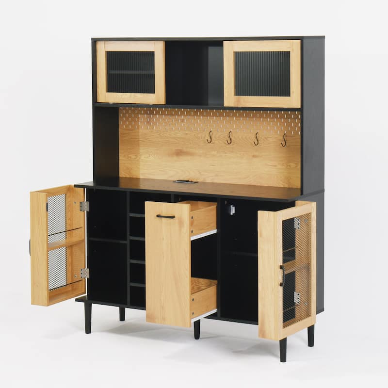 59" H Buffet Sideboard Cabinet with Storage Door & Power Outlet, Farmhouse Coffee Bar Cabinet with Wine Rack, Kitchen Pantry