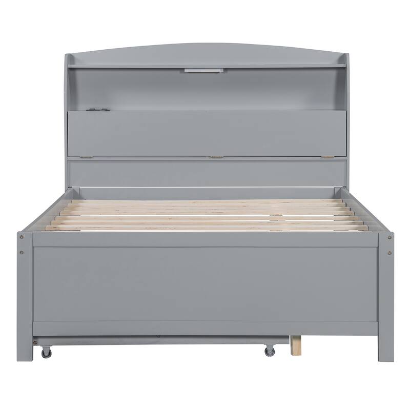 Full Size Gray Wooden Bed with LED Night Light, Trundle, and Under-Bed Storage Drawers