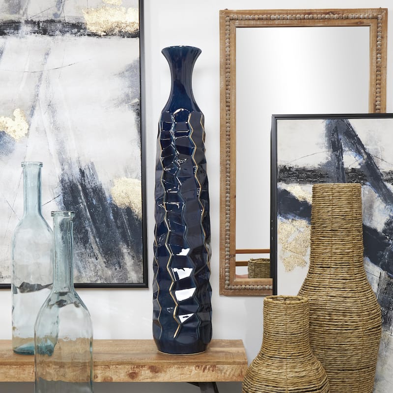 Ceramic Geometric Floor Vase with Gold Accents - Teal - Roche River Decor