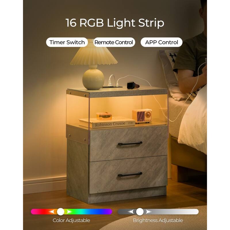 Adjustable LED Nightstand with 2 Drawers, Modern Bedside Table in Grey