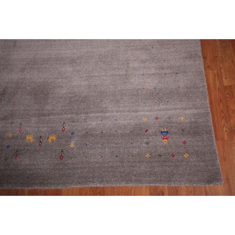 Tribal Gabbeh Area Rug Handmade Grey Wool Carpet - 8'2"x 9'11"
