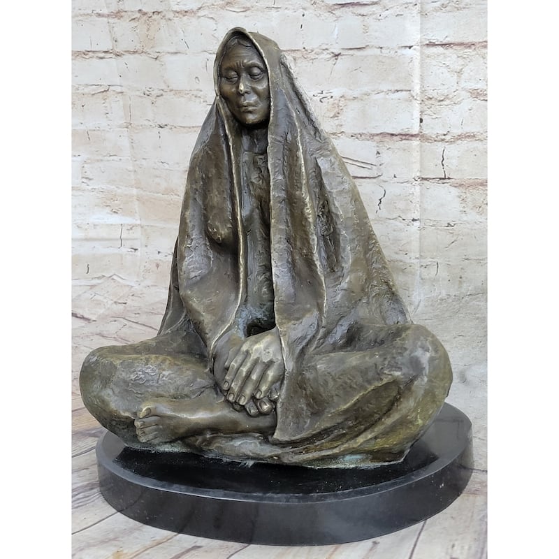 Native American Indian Shaman Medicine Man Sitting Cross Legged Bronze Statue Sculpture