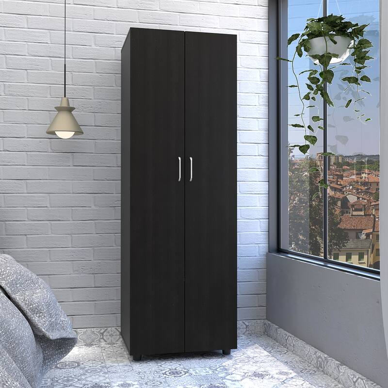 19" Modern Double-door Armoire with Two Shelves and Hanging Rod for Bedroom - Black