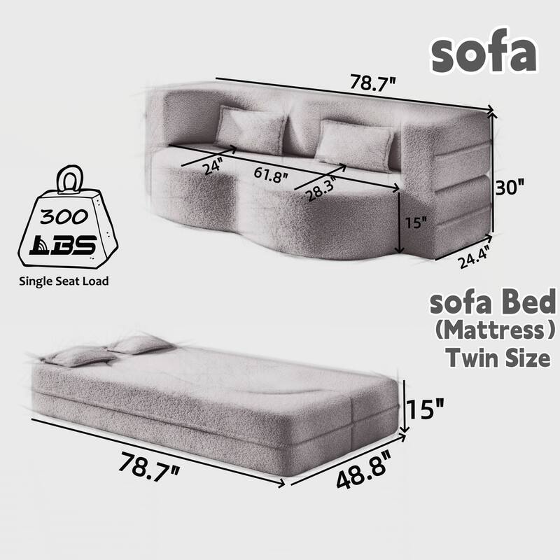 Modern Floor Sofa with 2 Pillows,Convertible Teddy Fabric Foam-Filled Sleeper Sofa Bed - Grey