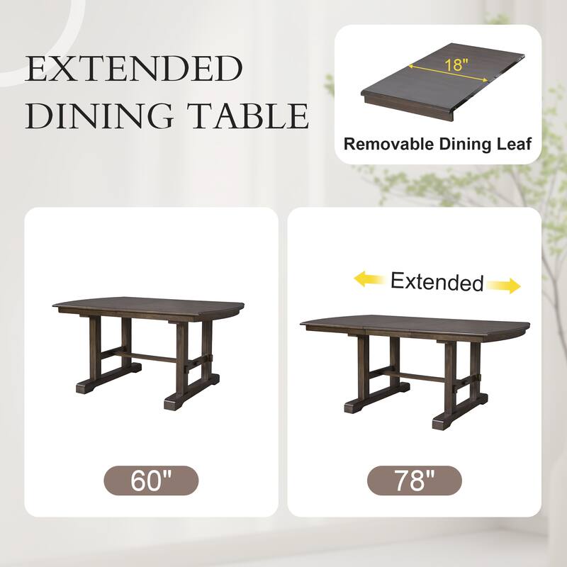 6-Piece Dining Table Set, 60inch to 78inch Extendable Wood Dining Table with Removable Leaf
