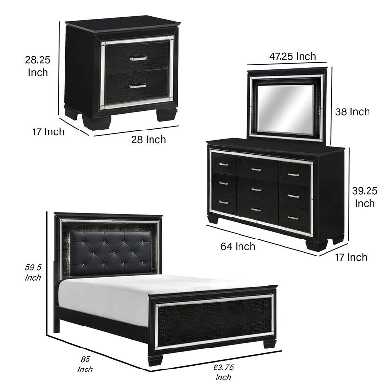 Alen 4 Pc Queen Size Bedroom Set, Button Tufting, Mirror Trim, Black