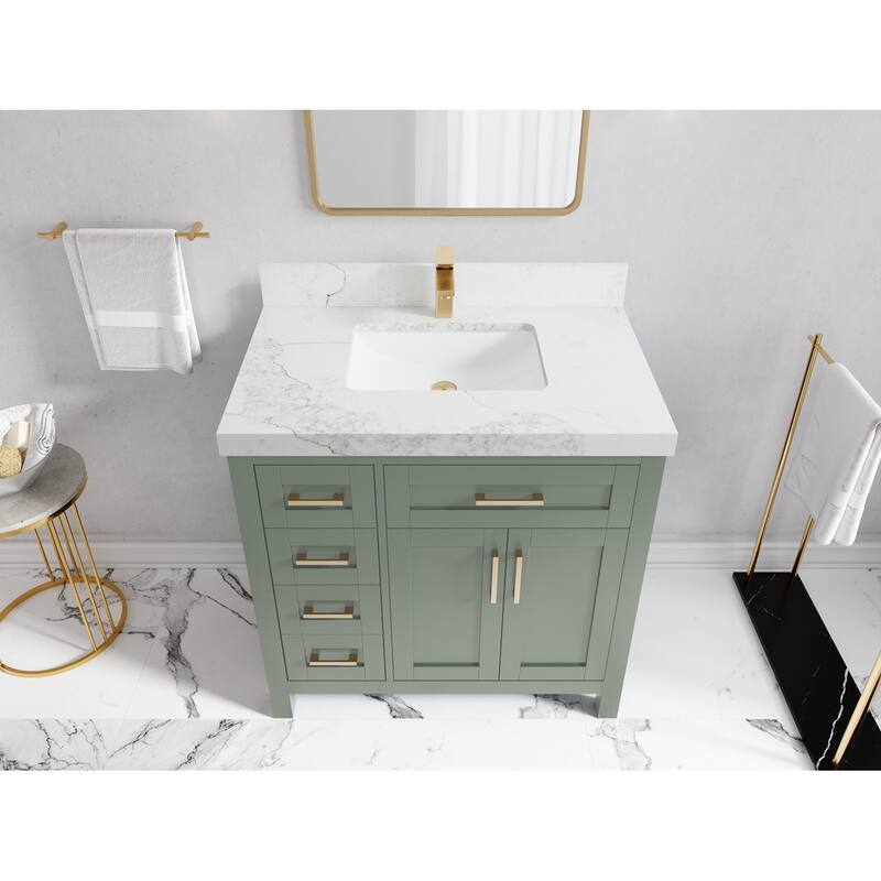 Willow Collections 36 in. W x 22 in. D Cambridge Single Sink Bathroom Vanity Center with Countertop - 2”Calacatta Nuvo - Evergreen