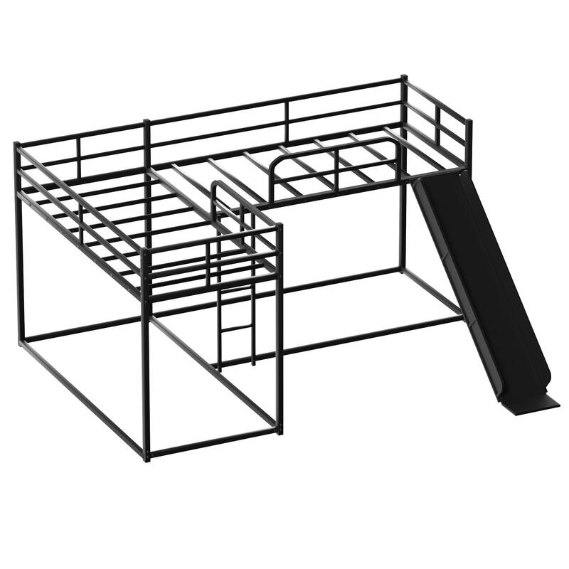 Twin size L-Shaped Metal Bunk Bed with Slide, Short Ladder and Space-Saving Design