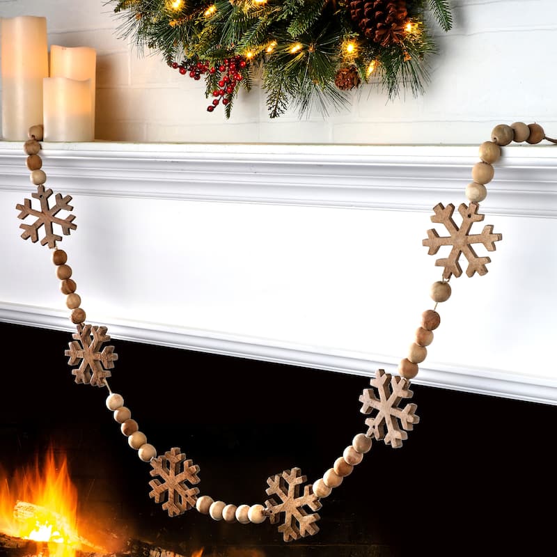 60" Wood Bead With Snowflake Garland - Natural