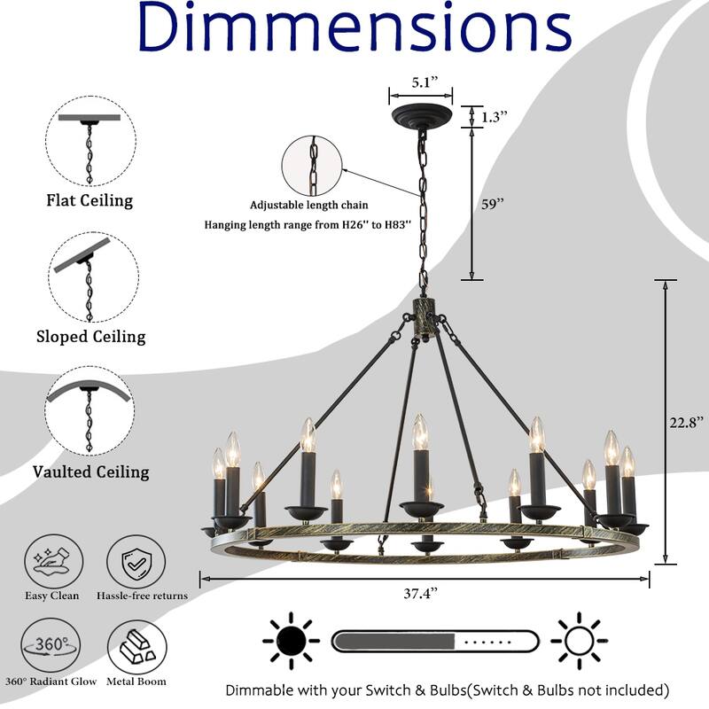 12-Light Modern Candelabra Chandelier Round Industrial Candle Pendant Lighting In Vintage Brushed Gold Over Black Finish - W37''