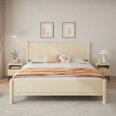 King Size Wood Platform Bed Frame with Headboard and Wooden Slat Support,Beige
