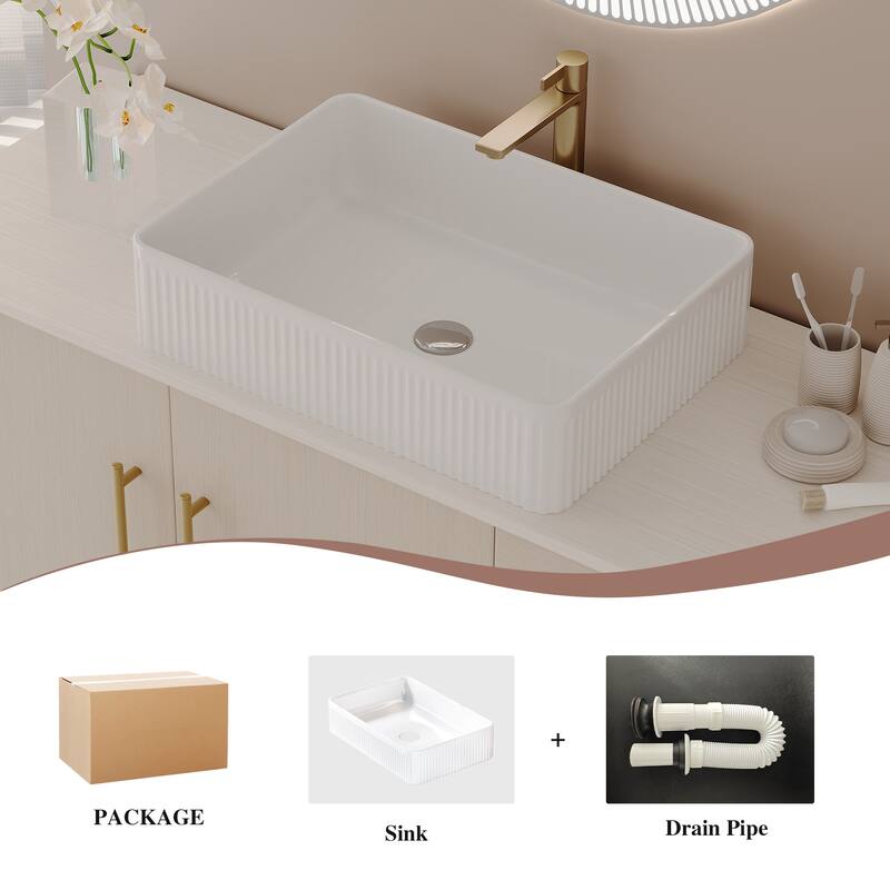 GDFStudio - Modern 47.2" Freestanding Wood Bathroom Vanity with Ceramic Vessel Sink, Gold Accent & Soft-Close Drawers