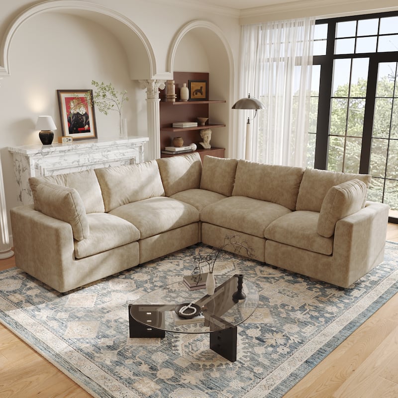 5 Seat L-Shaped Sectional Sofa chenille Fabric Upholstered Couch with Removable Cushions Modern Living Room Furniture - Khaki