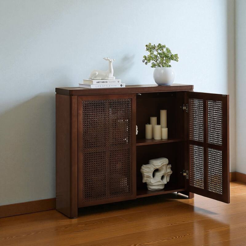 39.4" Mid-Century Modern Rattan Sideboard Buffet Cabinet with Outlet Holes, Retro Credenza Storage