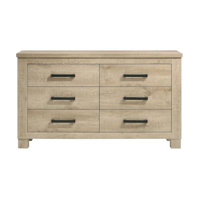 6 Drawers Wooden Dresser with Dark Bronze Handles in Weathered Oak