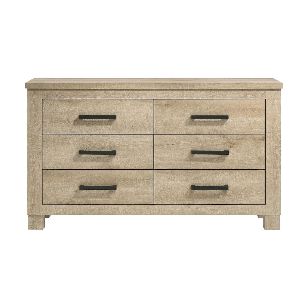 6 Drawers Wooden Dresser with Dark Bronze Handles in Weathered Oak