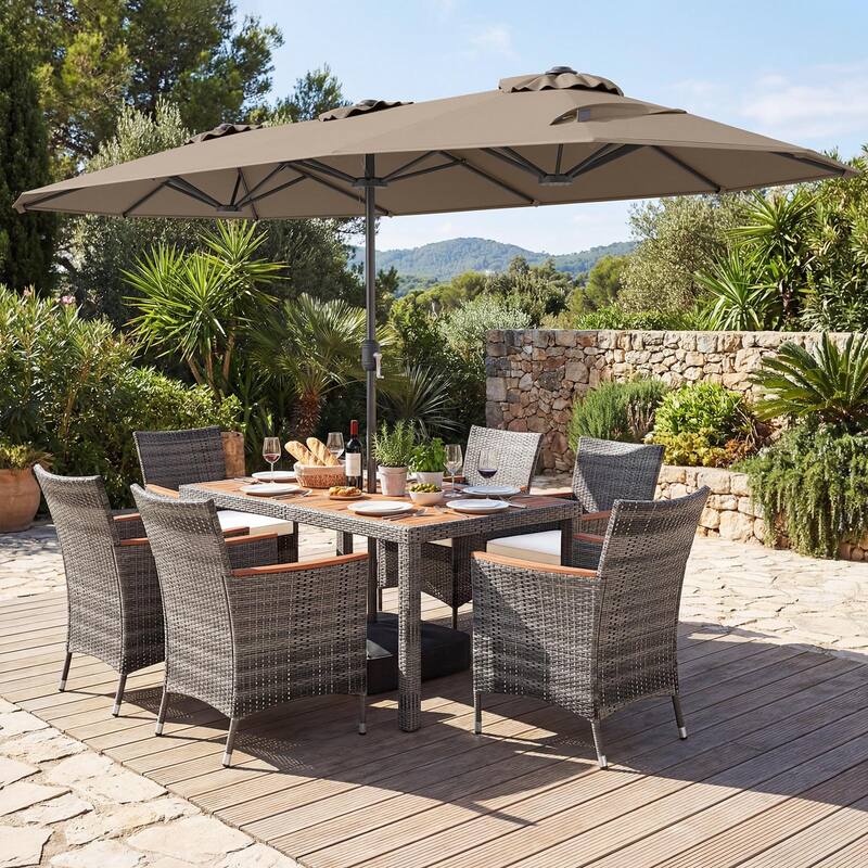 Gymax 8-Piece Patio Dining Set w/ Double-Sided Market Umbrella Acacia