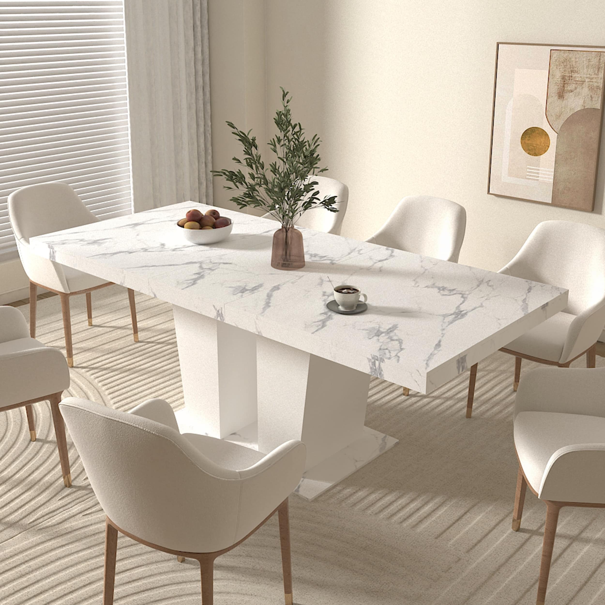 Modern White Faux Marble Wooden Expandable Kitchen Table with Dual Column Pedestal Base for 6-10