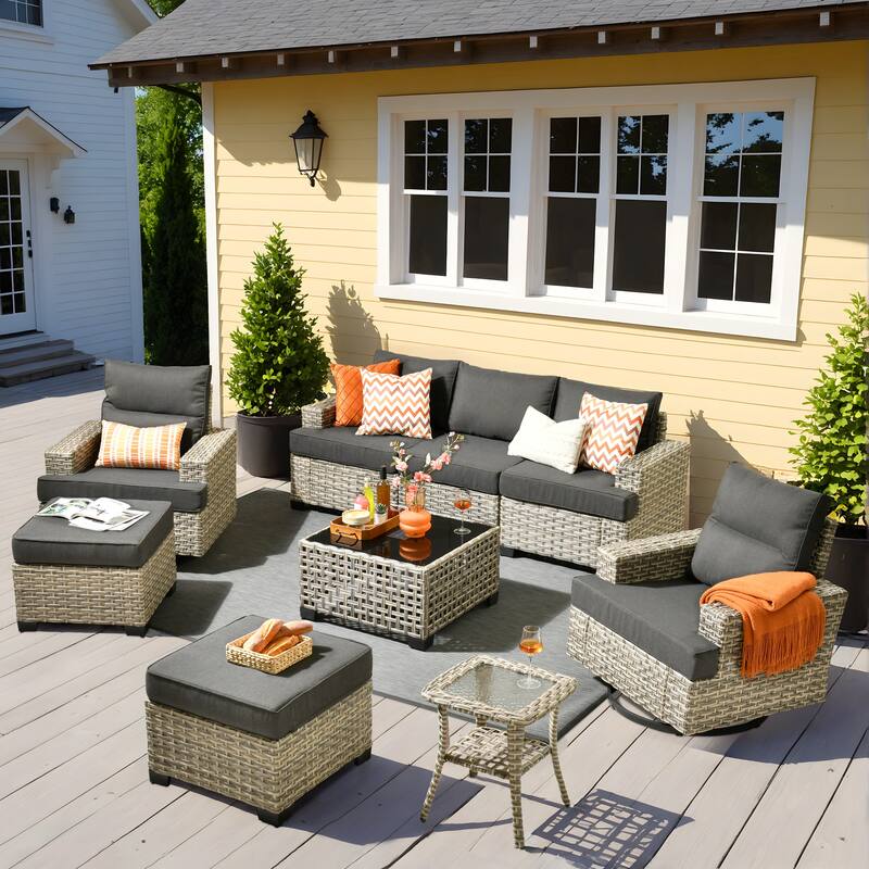 OVIOS 9 Pieces T shaped Seat Wide Armrest Swivel Chair Set With Solar-Powered Coffee Table - Black