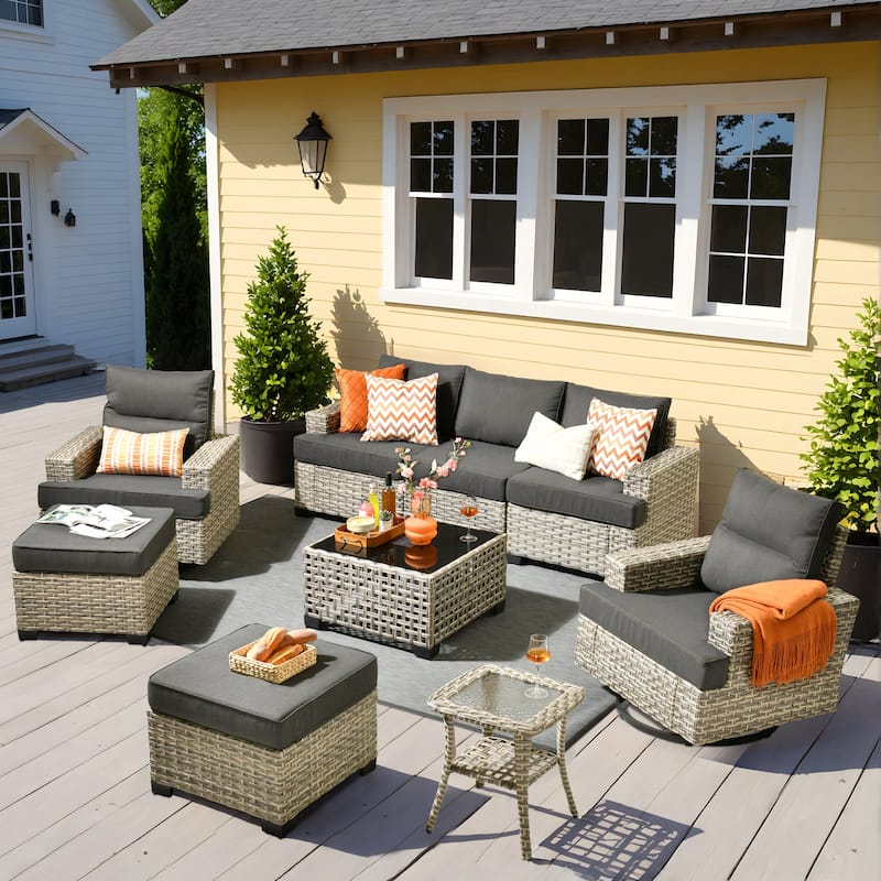 OVIOS 9 Pieces T shaped Swivel Chair Set With Solar-Powered Coffee Table - Black