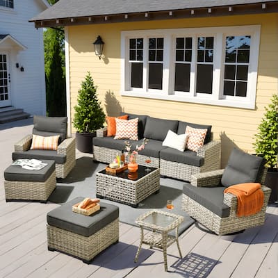 OVIOS 9 Pieces Wide Arm T shaped Seat Curved Swivel Chair Set With Solar-Powered Table