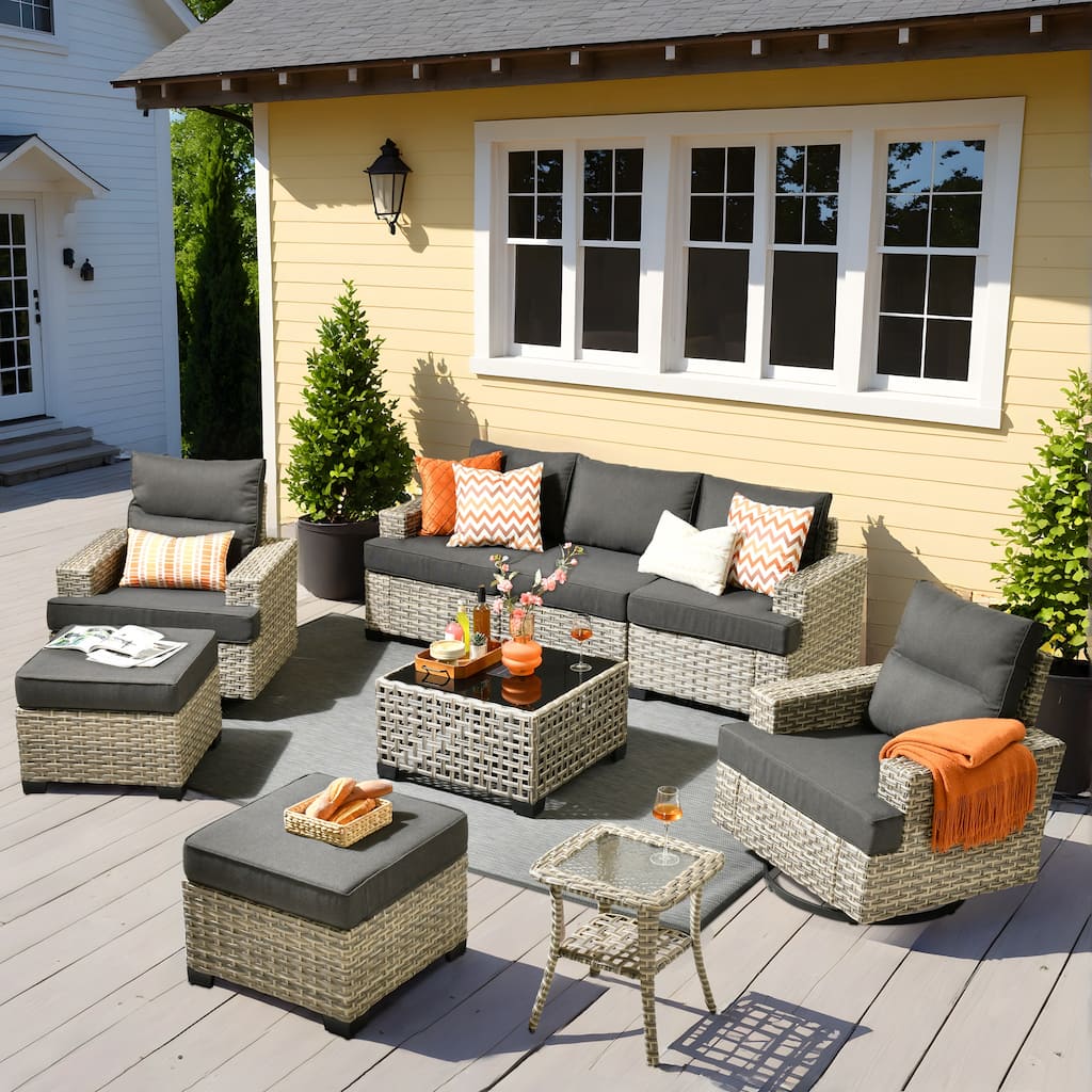 OVIOS 9 Pieces Wide Arm T shaped Seat Curved Swivel Chair Set With Solar-Powered Table