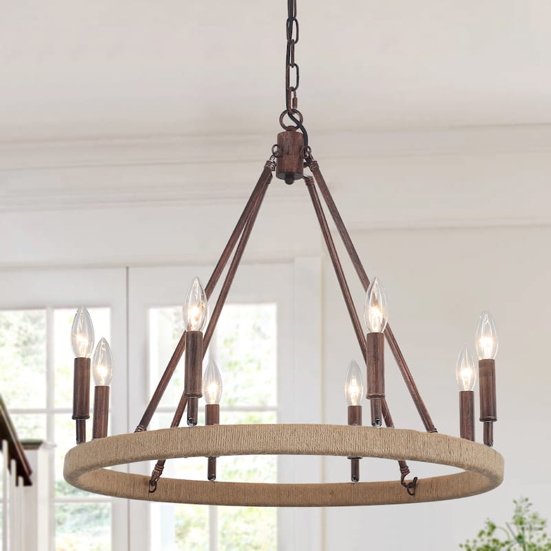 8-Light Rustic Hemp Rope Wagon Wheel Chandelier, Classic Farmhouse Chandelier for Dining Living Room - W23.62"x H20.47"