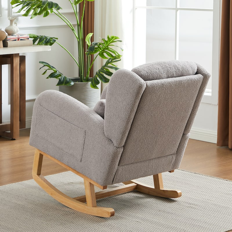 Grey Modern Upholstered Rocking Chair with Sturdy Thickened Rubber Wood Base and Side Pocket