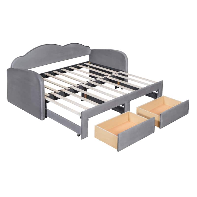 Twin Size Upholstered Daybed with 2 Storage Drawers and Trundle, Velvet Sofa Bed Frame with Cloud-Shaped Backrest and USB Ports