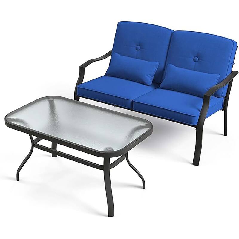 4 PCS Outdoor Patio Furniture Set Chair Coffee Table Cushioned Seat - Navy