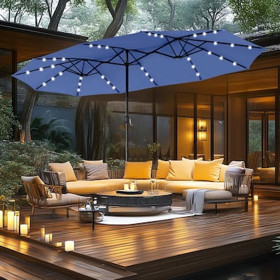 MAISON ARTS 15-foot Rectangular Crank Double-sided Outdoor Market Umbrella Solar LED Lighted Patio Umbrella with Base Included