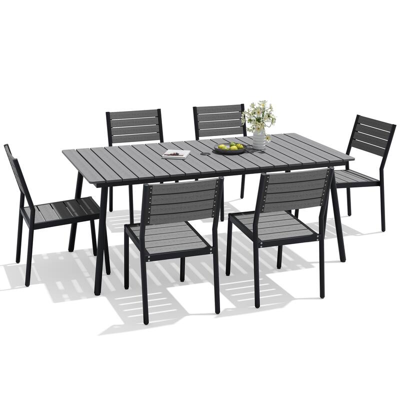 7-Piece Outdoor Aluminum Rectangular Dining Table with Stackable Chairs - Grey