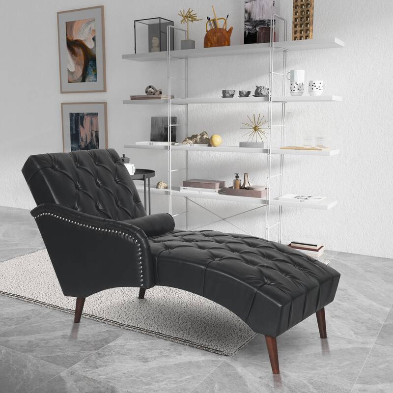 Faux Leather Chaise Lounge Chair with Pillow and Solid Wood Legs, Tufted Upholstered Accent Lounge Chair with Arm - Black
