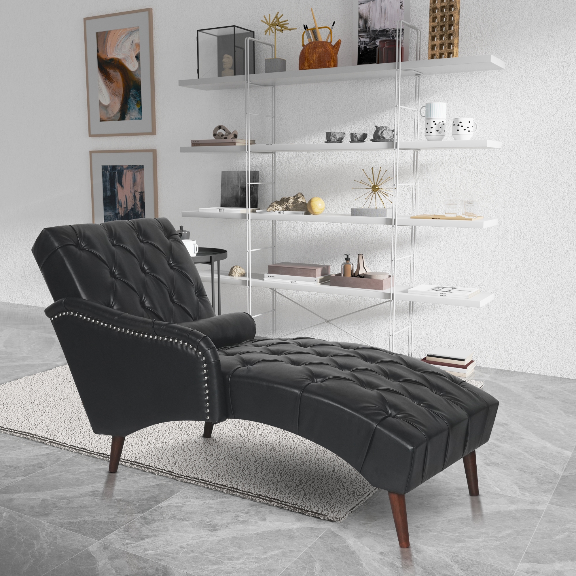 GDFStudio - Indoor Chaise Lounge Accent Chair with Pillow, Solid Wood Legs & Tufted Back for Living Room Bedroom