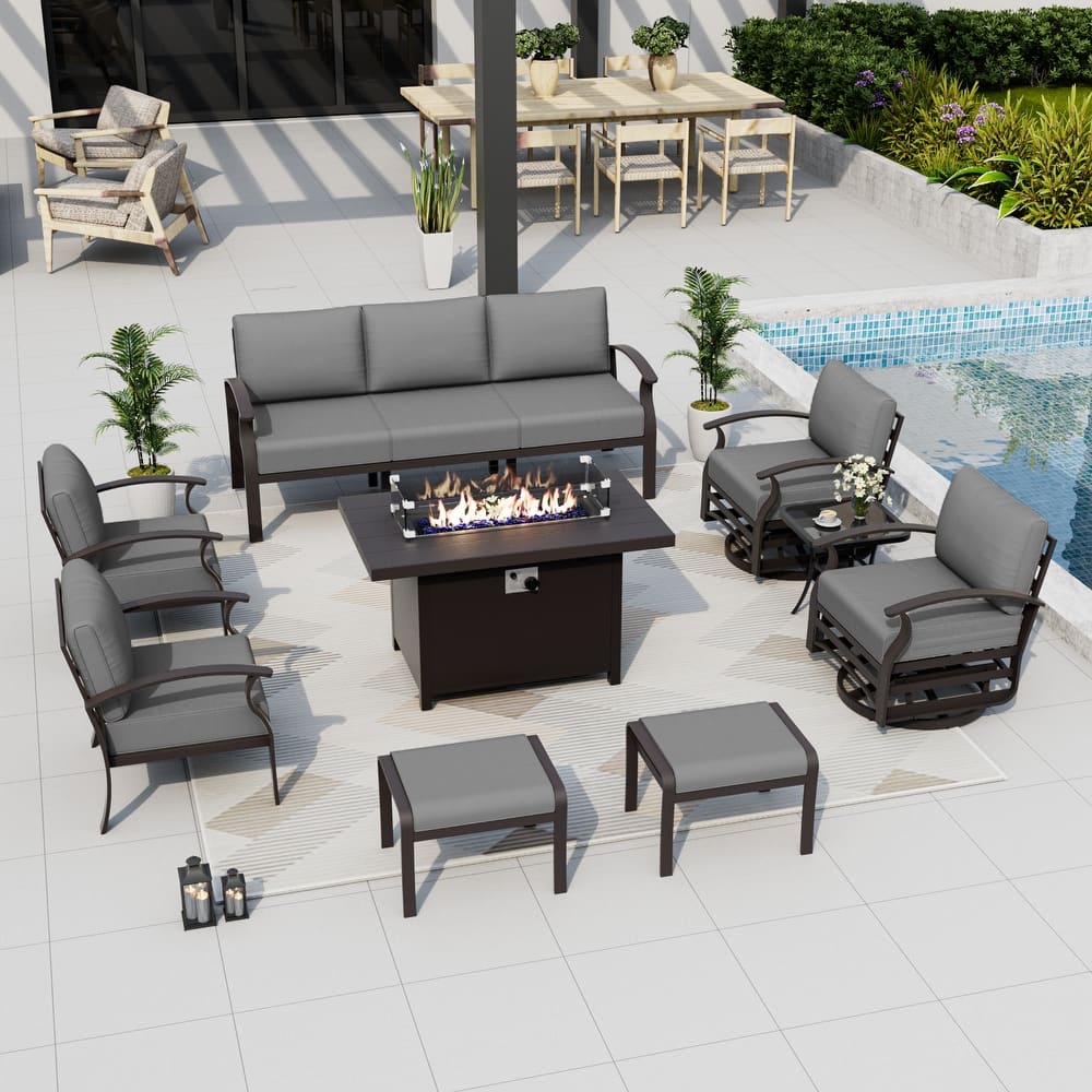 Aluminum Patio Furniture Set with Fire Pit, Ottomans & Rocking-Swivel Chairs, Modular Sofa with Thick Cushions