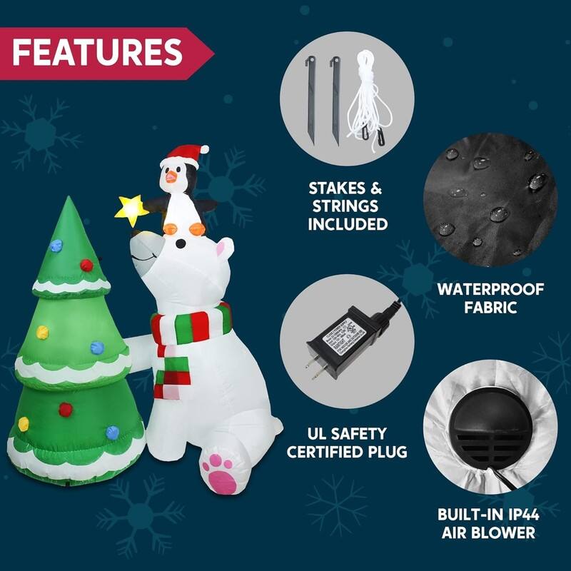6 ft Christmas Polar Bear Inflatable Decoration, with Penguin & Xmas Tree w/ Built-in LEDs Blow Up Inflatables